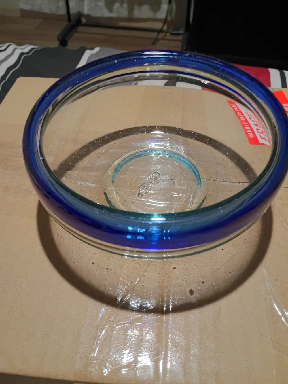 Hand Blown Mexican Glass Bowl Cobalt Blue Rim GUC